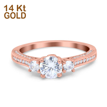 14K Rose Gold Three Stone Vintage Engagement Bridal Ring Round Simulated Cubic Zirconia Size-7